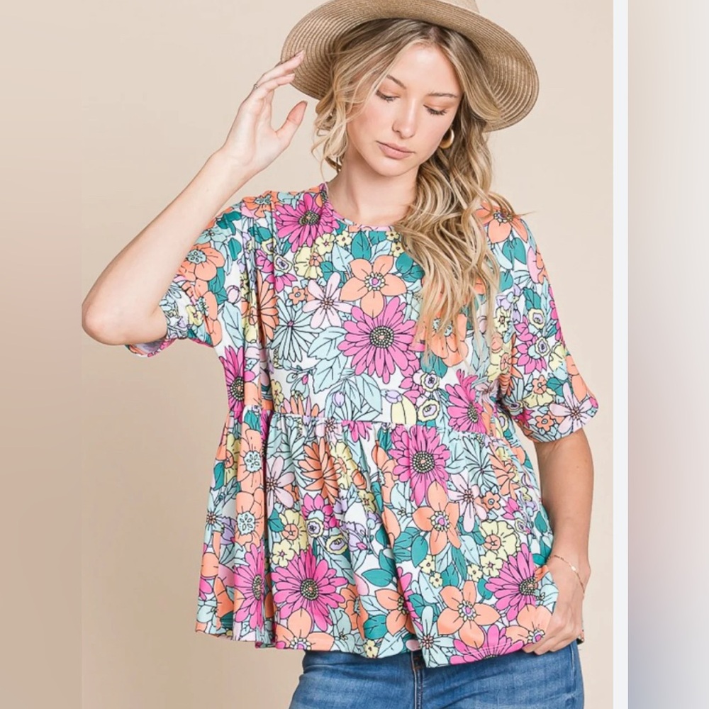 Bombom Women Babydoll Peplum Top L Linen‎ Blend Bold Floral Festival Hippie Boho